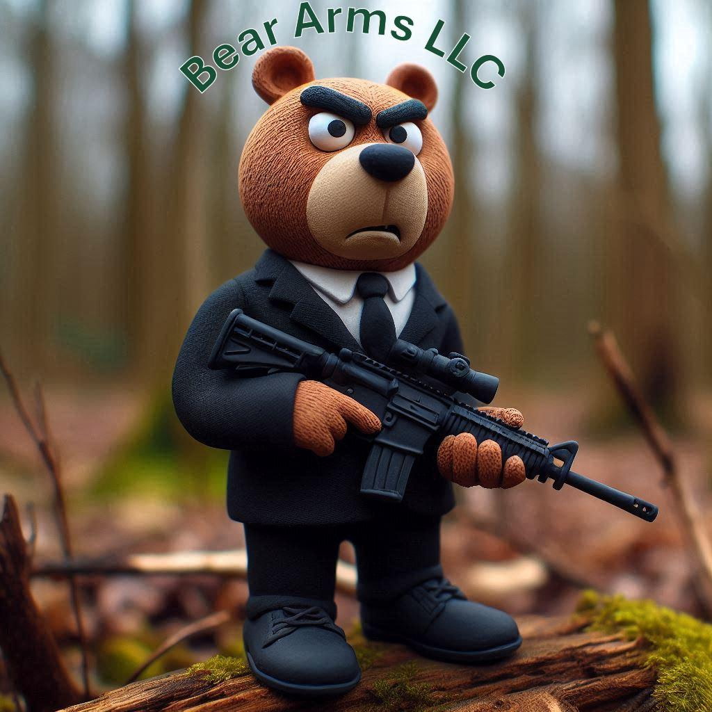Bear Arms LLC logo featuring a suited bear in a woodland setting